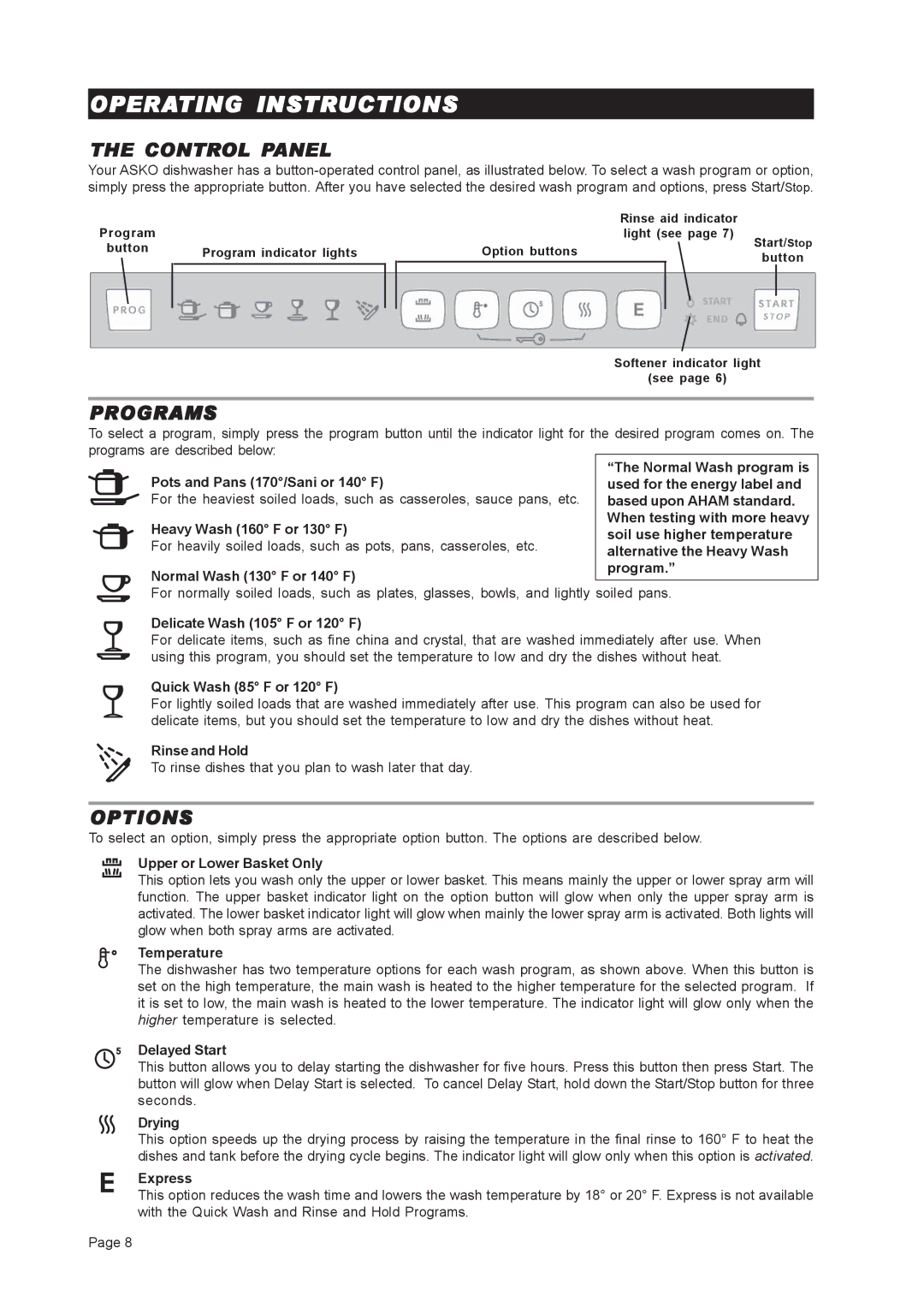 Asko D3251 important safety instructions Operating Instructions, Control Panel, Programs, Options 