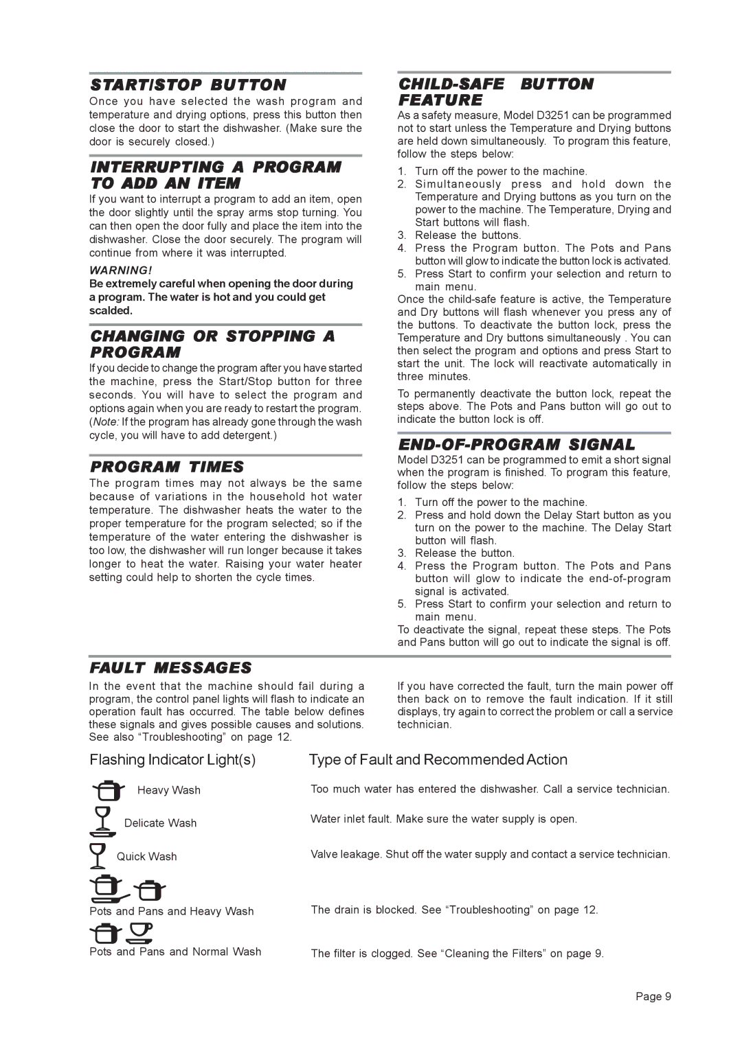 Asko D3251 START/STOP Button, Interrupting a Program to ADD AN Item, Changing or Stopping a Program, Program Times 