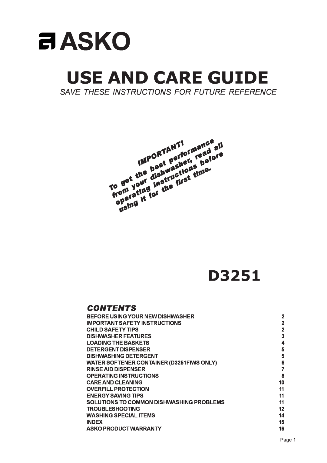 Asko D3251 important safety instructions Asko, Use And Care Guide, Save These Instructions For Future Reference, Contents 