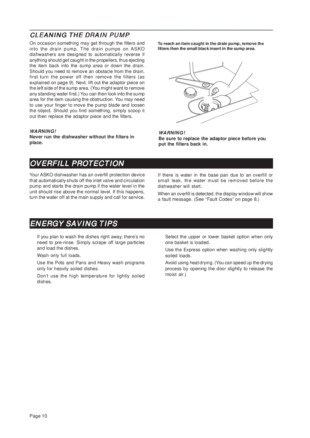 Asko D3331 important safety instructions Overfill Protection, Energy Saving Tips, Cleaning the Drain Pump 