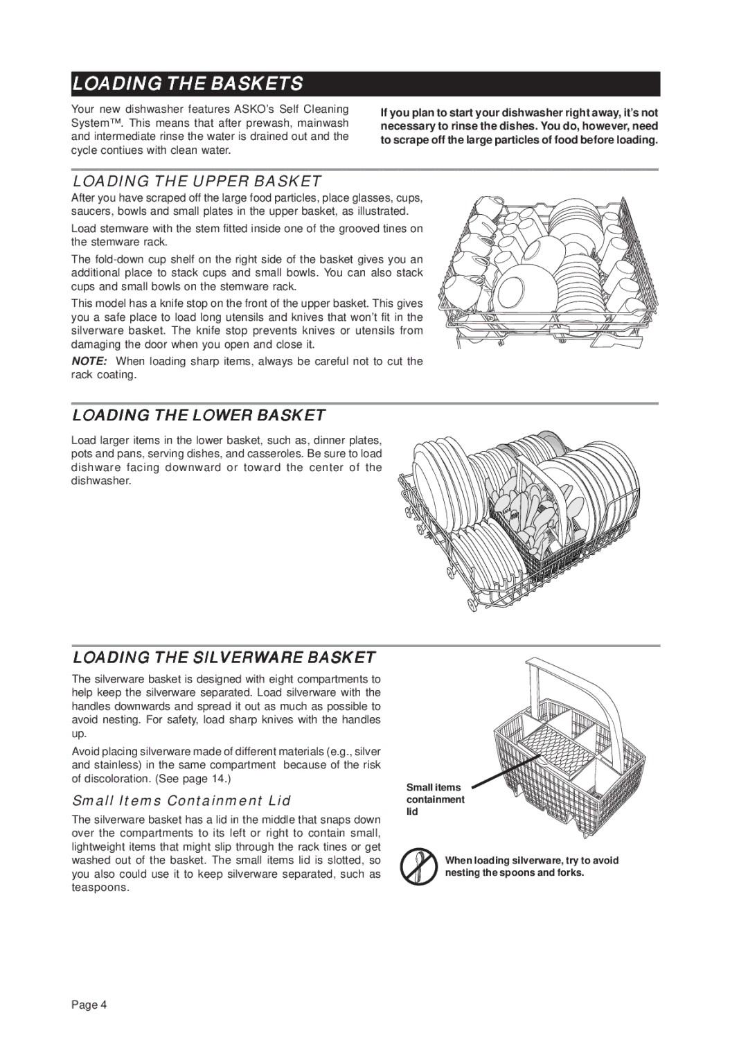 Asko D3331 Loading the Baskets, Loading the Upper Basket, Loading the Lower Basket, Loading the Silverware Basket 