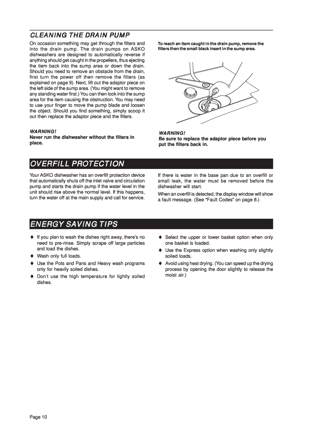 Asko D3331 important safety instructions Overfill Protection, Energy Saving Tips, Cleaning The Drain Pump 