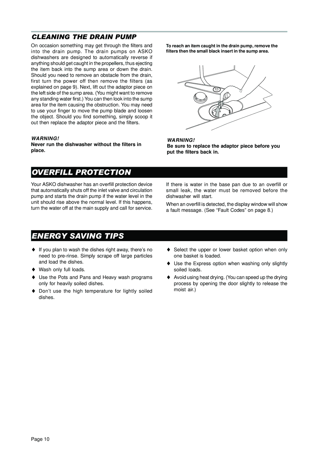 Asko D3350 manual Overfill Protection, Energy Saving Tips, Cleaning the Drain Pump 