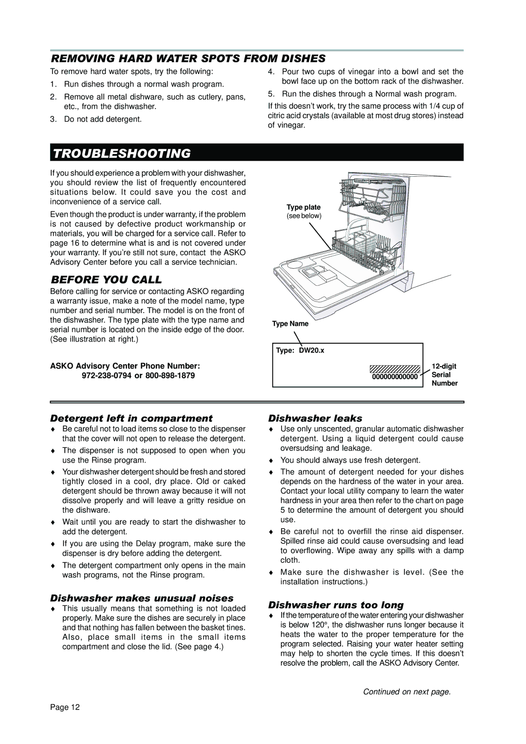 Asko D3350 manual Troubleshooting, Removing Hard Water Spots from Dishes, Before YOU Call 