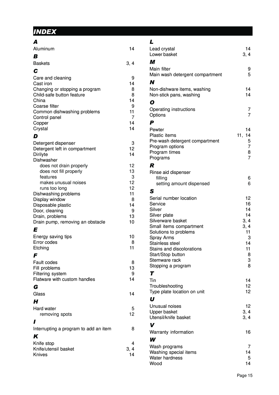 Asko D3350 manual Index, 14 P 