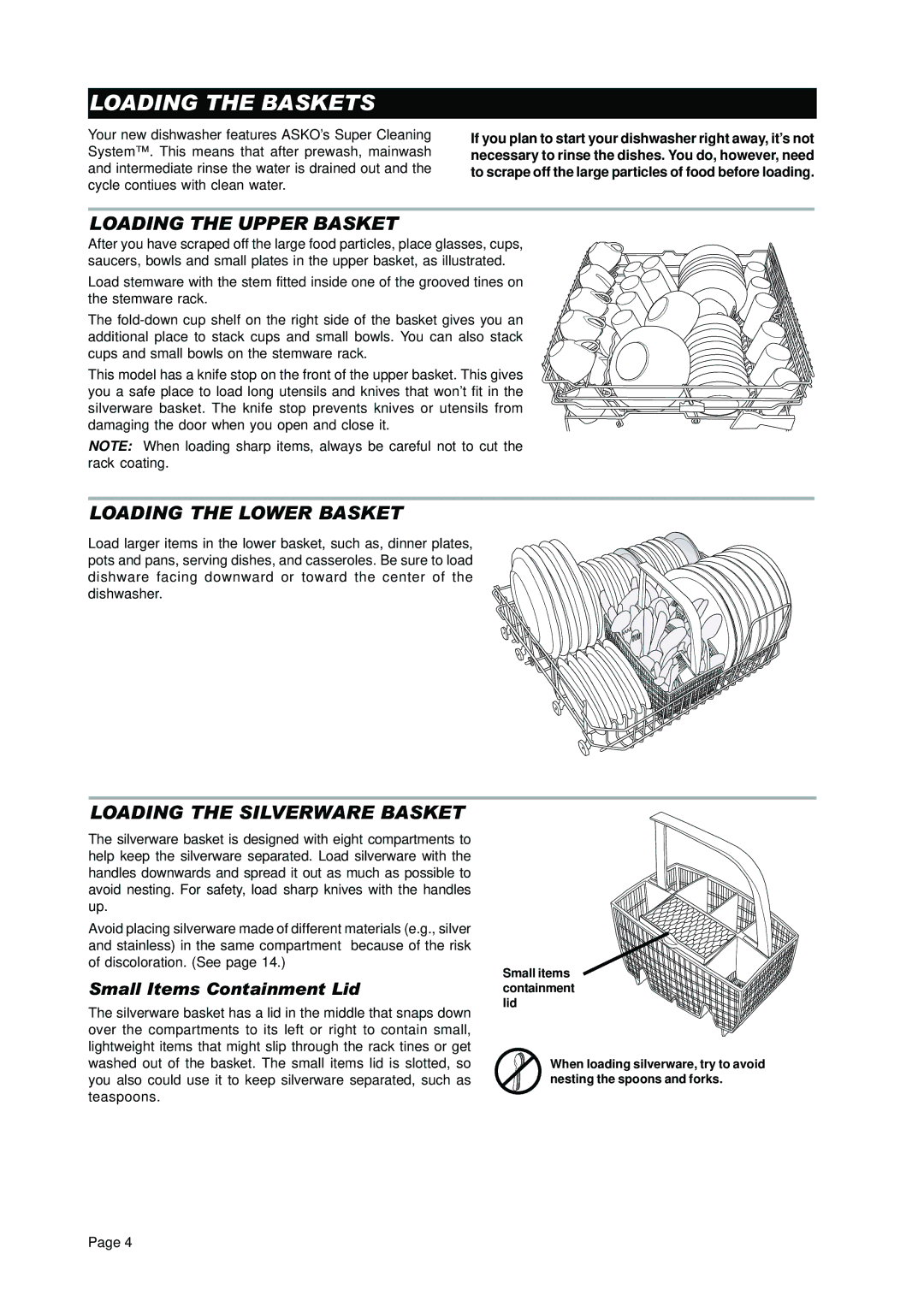 Asko D3350 manual Loading the Baskets, Loading the Upper Basket, Loading the Lower Basket, Loading the Silverware Basket 