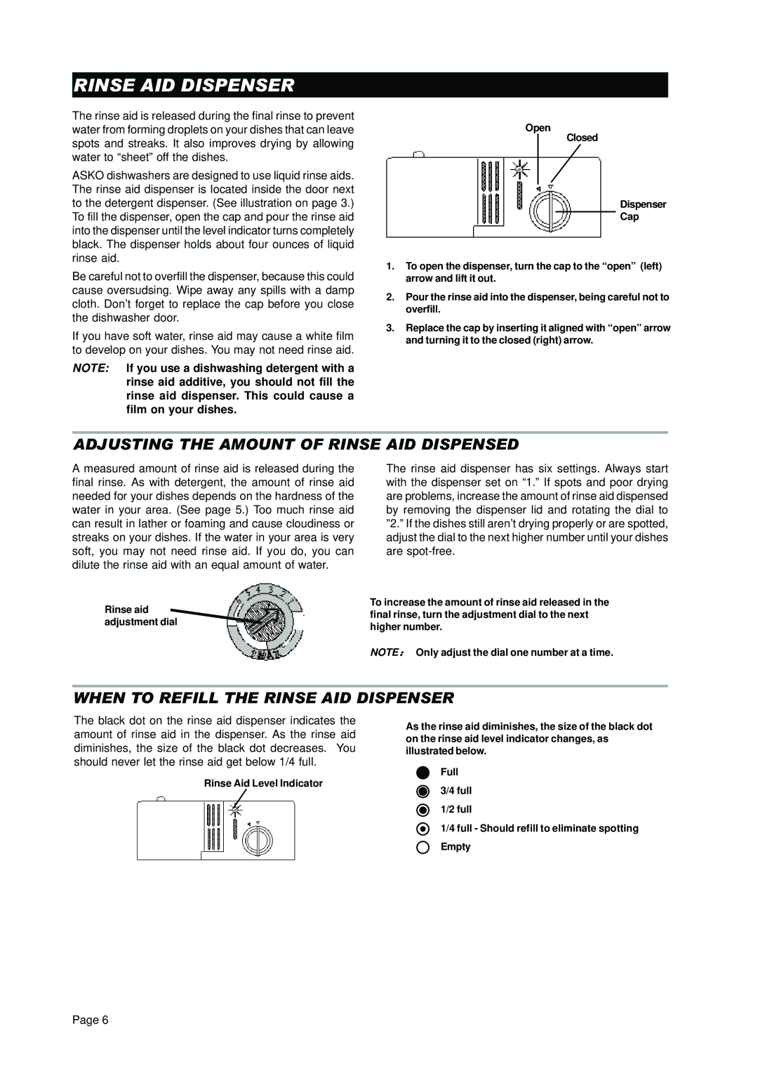 Asko D3350 manual Adjusting the Amount of Rinse AID Dispensed, When to Refill the Rinse AID Dispenser 