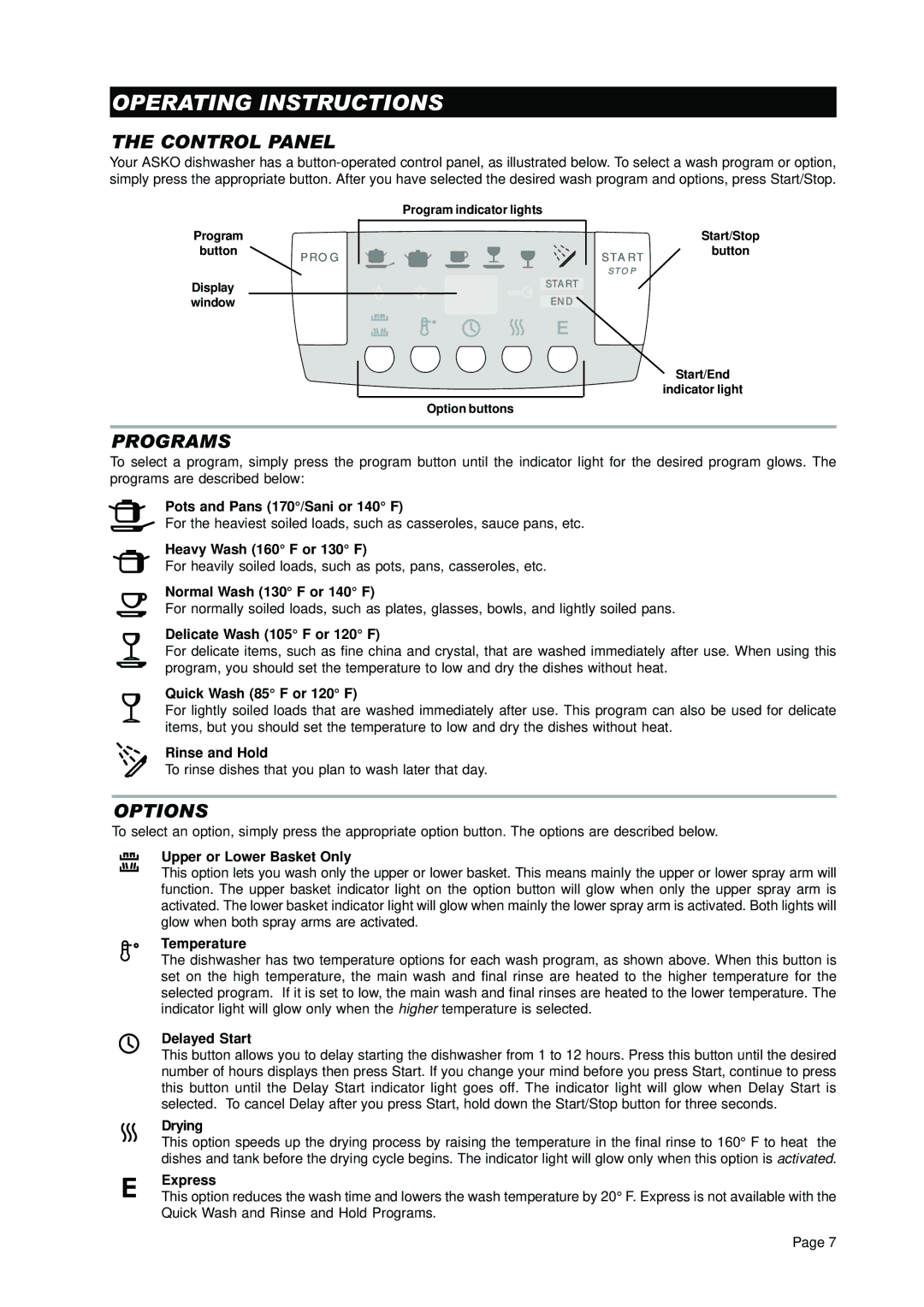 Asko D3350 manual Operating Instructions, Control Panel, Programs, Options 