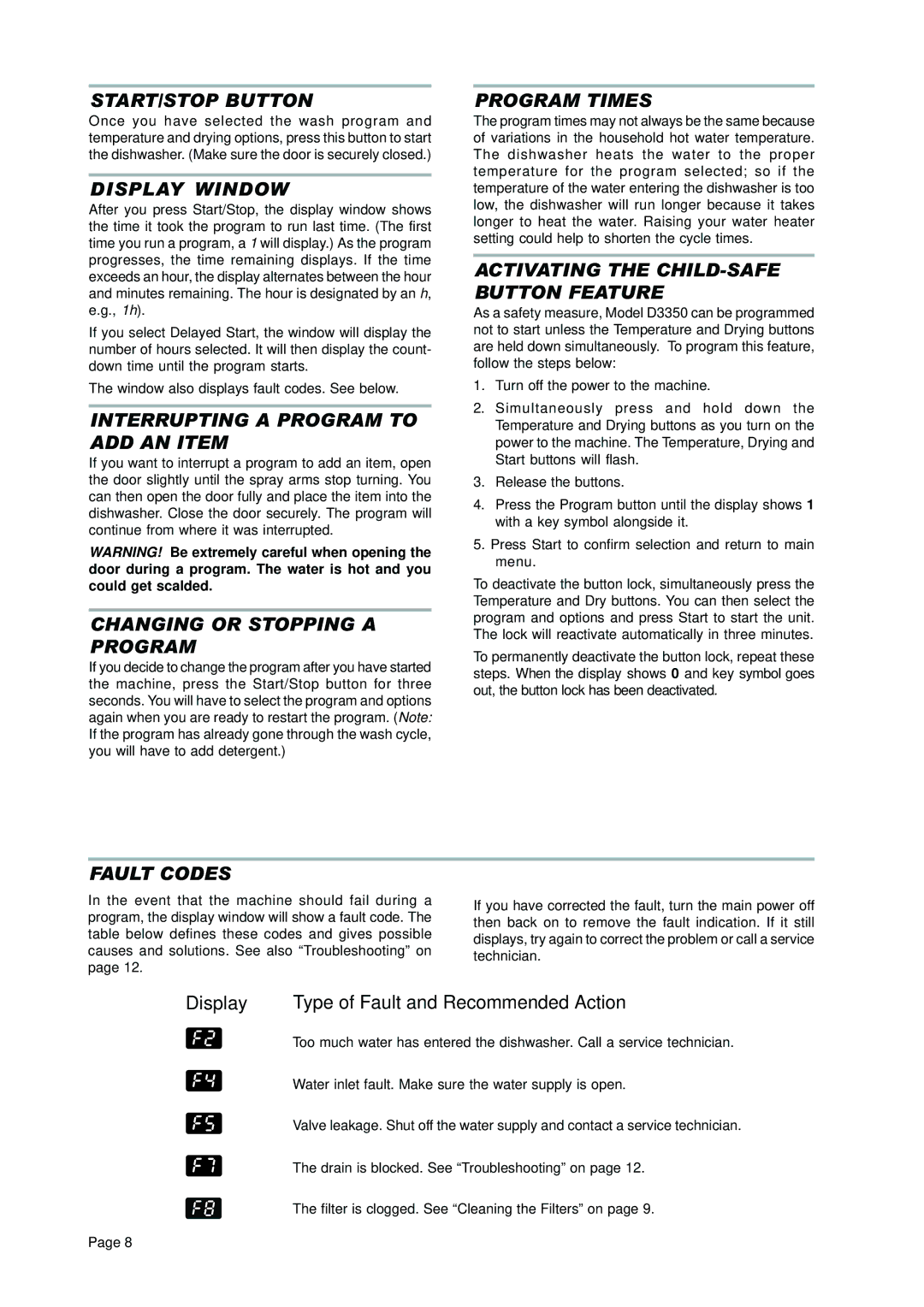 Asko D3350 manual START/STOP Button, Display Window, Interrupting a Program to ADD AN Item, Changing or Stopping a Program 