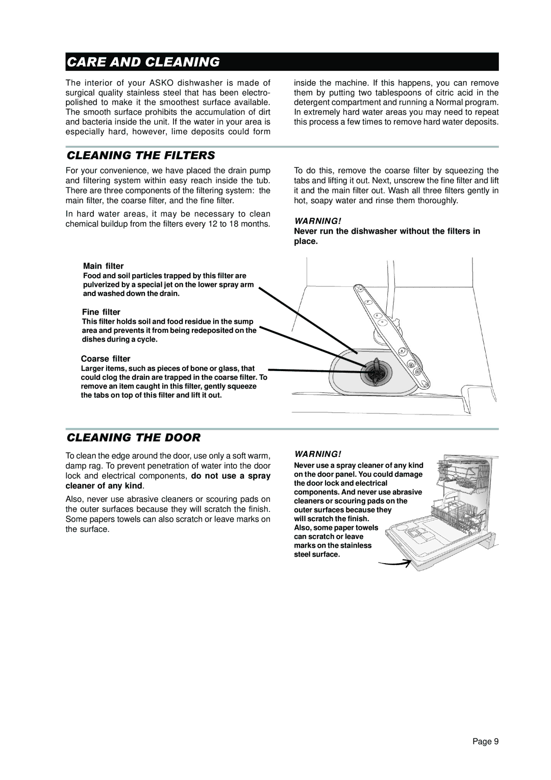 Asko D3350 manual Care and Cleaning, Cleaning the Filters, Cleaning the Door 