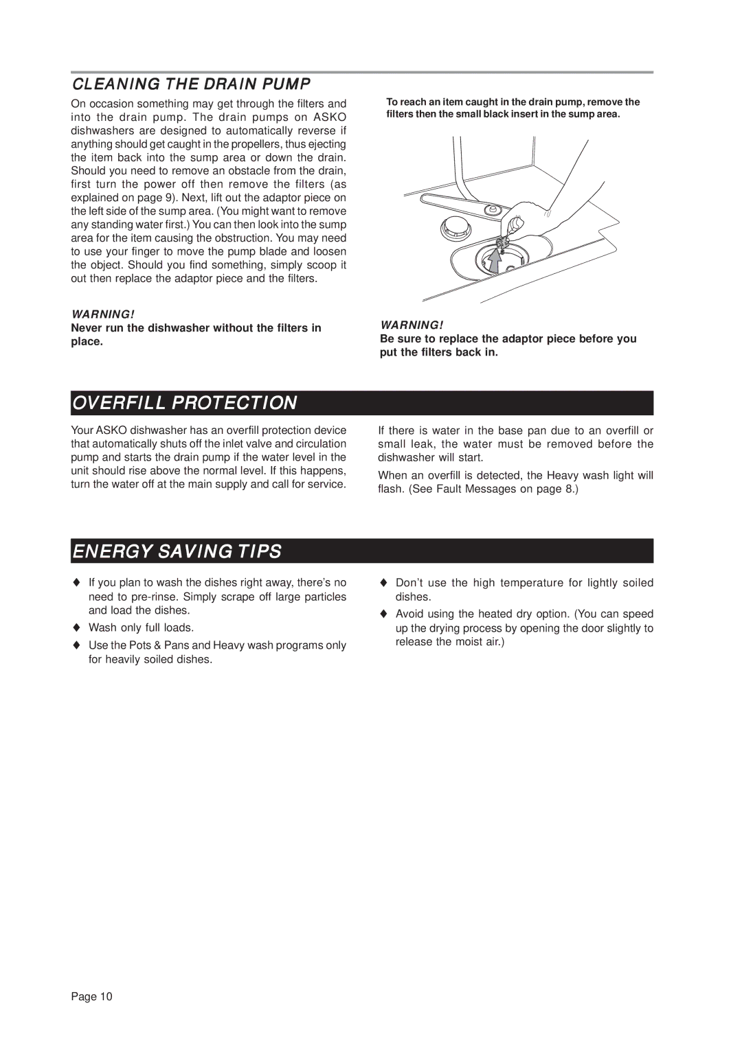 Asko D3432 important safety instructions Overfill Protection, Energy Saving Tips, Cleaning the Drain Pump 