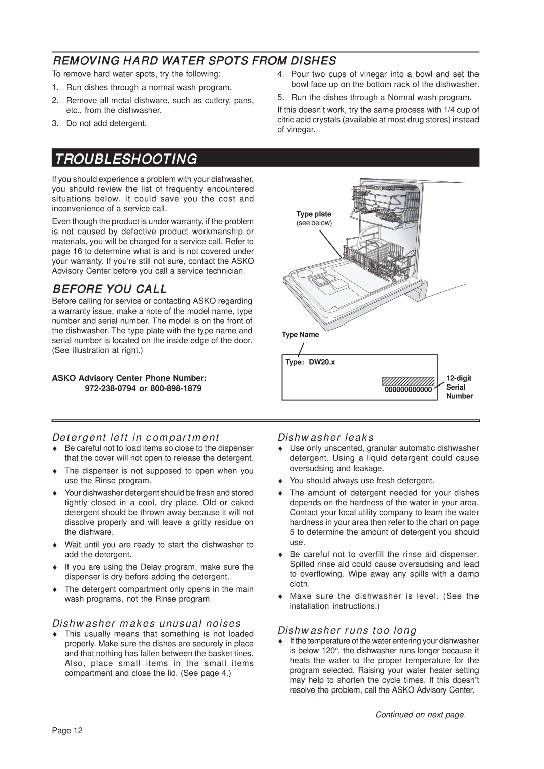 Asko D3432 important safety instructions Troubleshooting, Removing Hard Water Spots from Dishes, Before YOU Call 