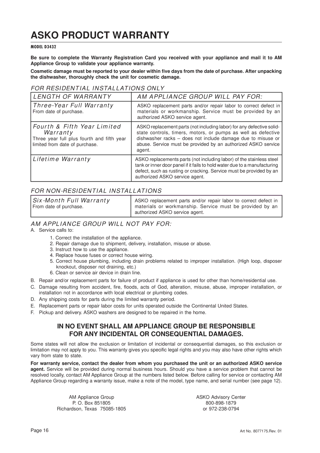 Asko D3432 important safety instructions Fourth & Fifth Year Limited Warranty, Lifetime Warranty, Six-Month Full Warranty 