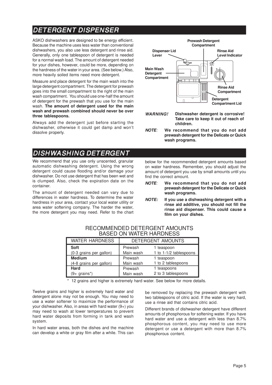 Asko D3432 important safety instructions Detergent Dispenser, Dishwashing Detergent, Soft, Medium, Hard 