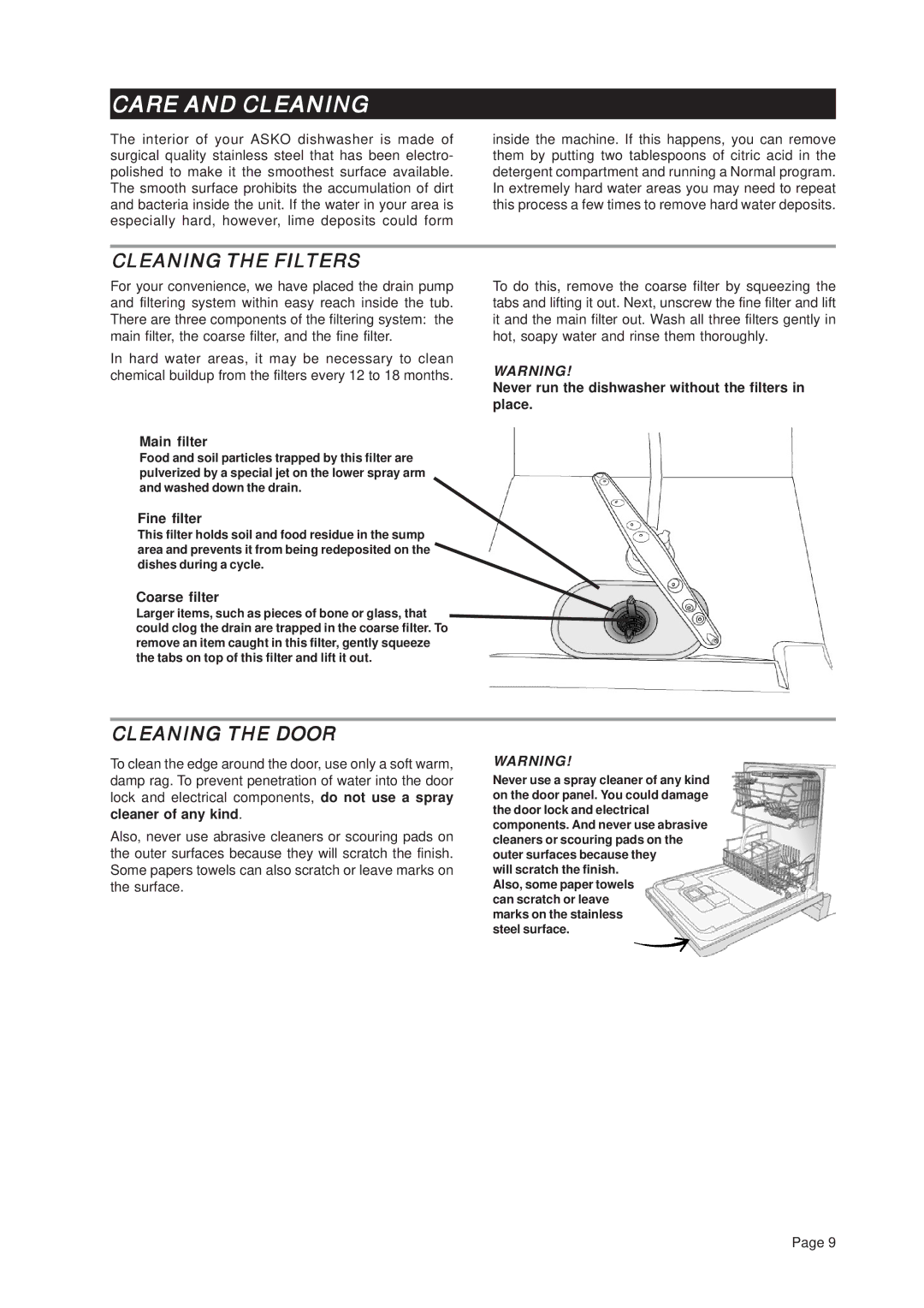 Asko D3432 important safety instructions Care and Cleaning, Cleaning the Filters, Cleaning the Door 