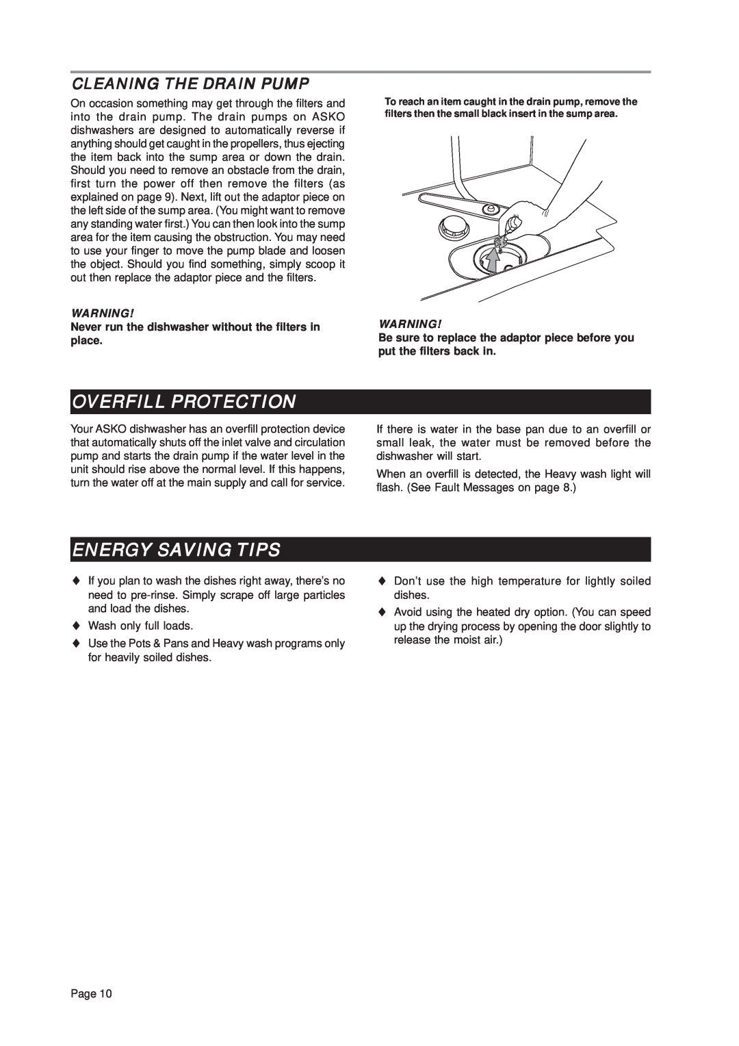Asko D3432 important safety instructions Overfill Protection, Energy Saving Tips, Cleaning The Drain Pump 