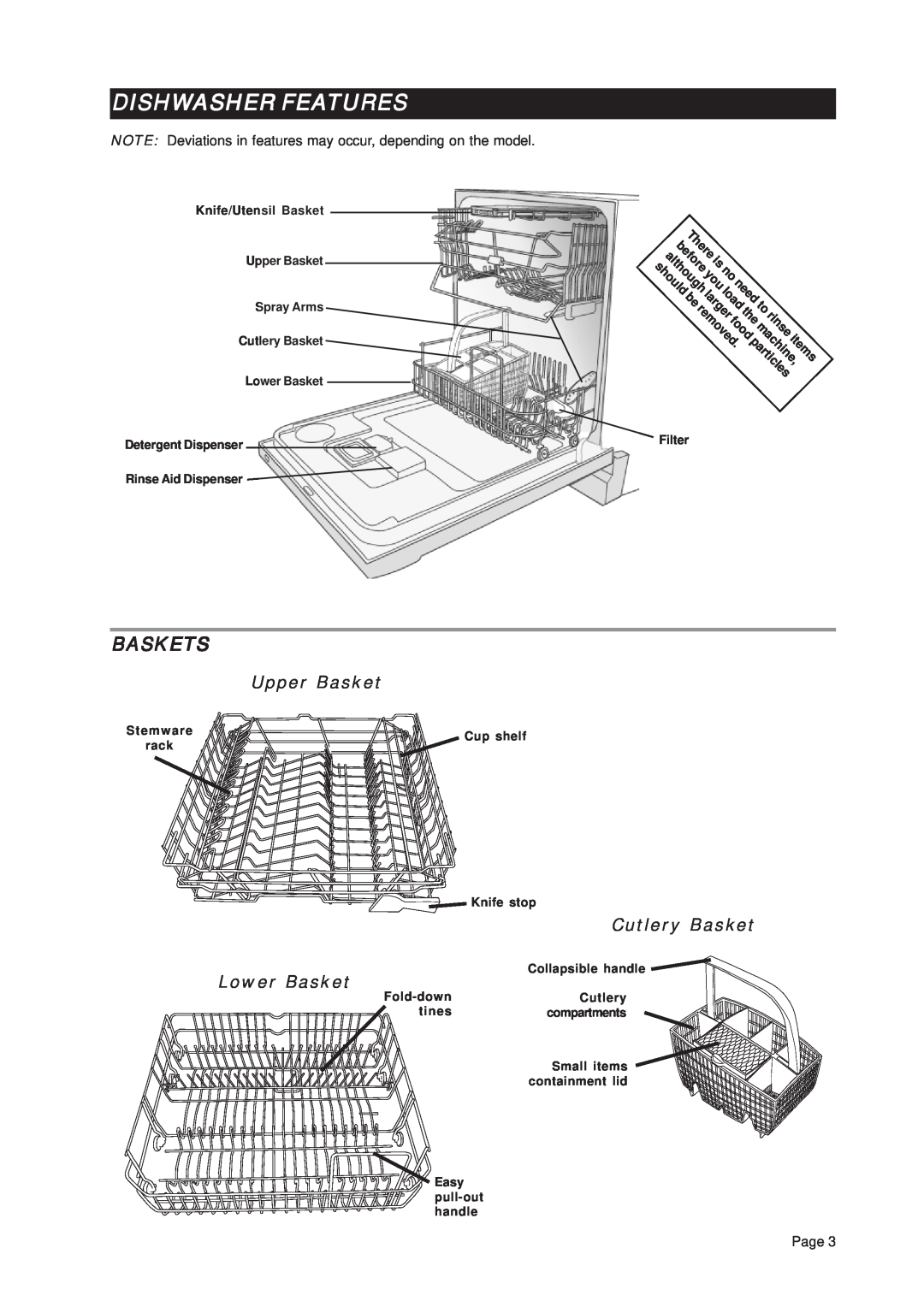 Asko D3432 Dishwasher Features, Baskets, beforeis, rinse, particles, Upper Basket, Cutlery Basket, Lower Basket, although 