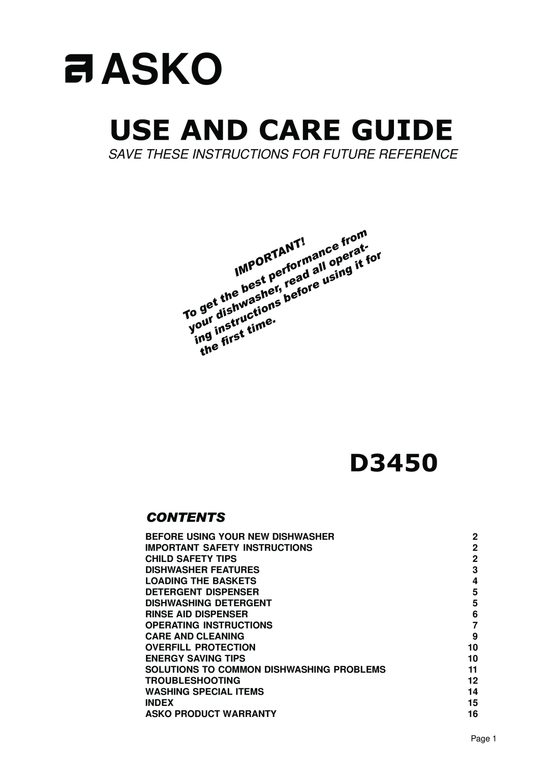 Asko D3450 important safety instructions Asko, Use And Care Guide, Save These Instructions For Future Reference, Contents 