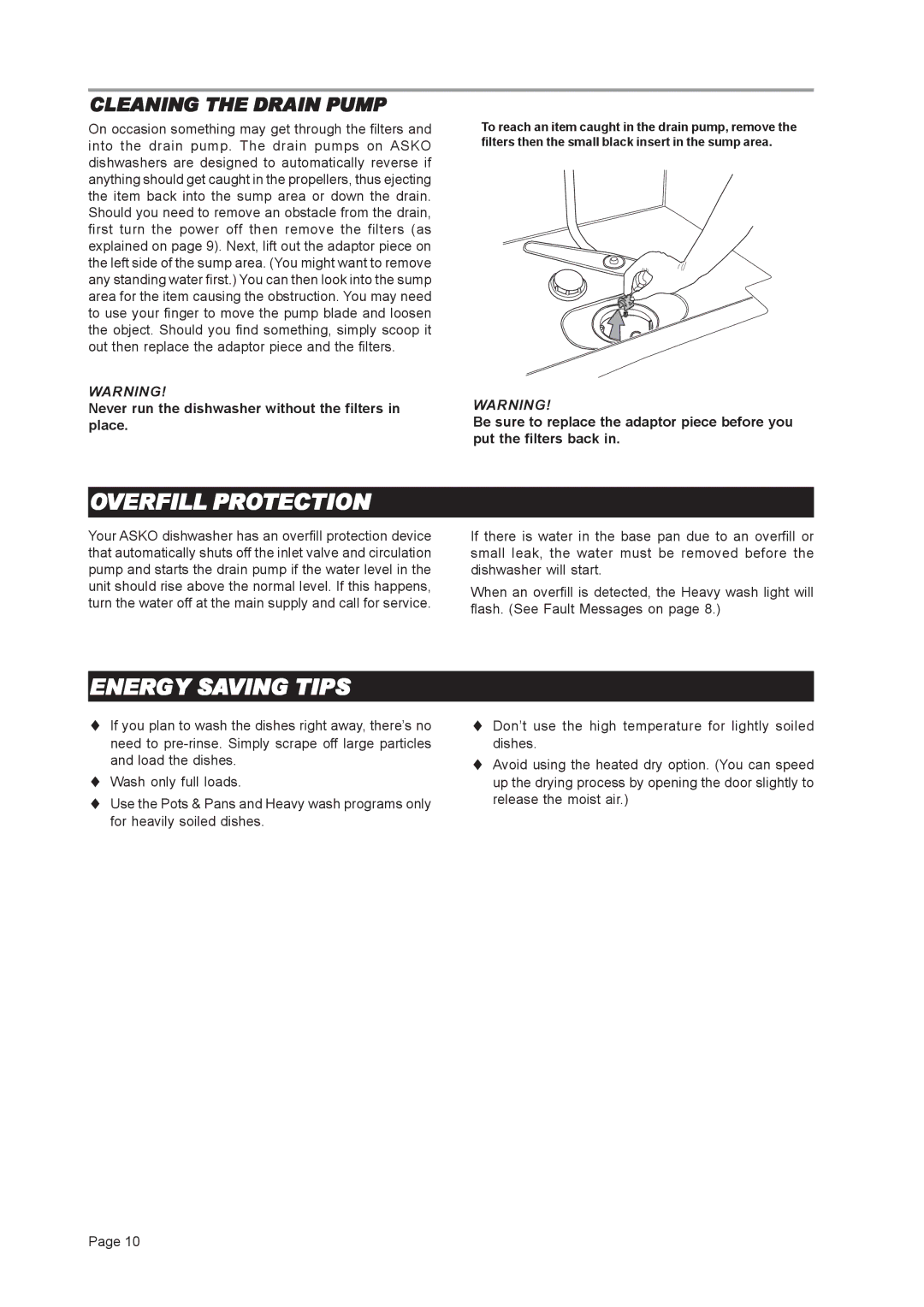 Asko D3451XL important safety instructions Overfill Protection, Energy Saving Tips, Cleaning the Drain Pump 