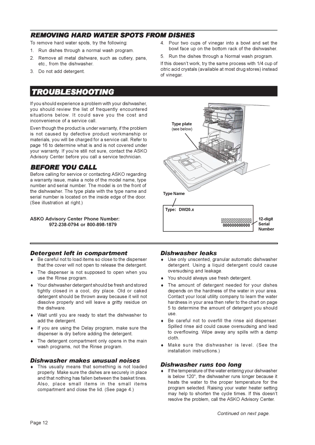 Asko D3451XL important safety instructions Troubleshooting, Removing Hard Water Spots from Dishes, Before YOU Call 