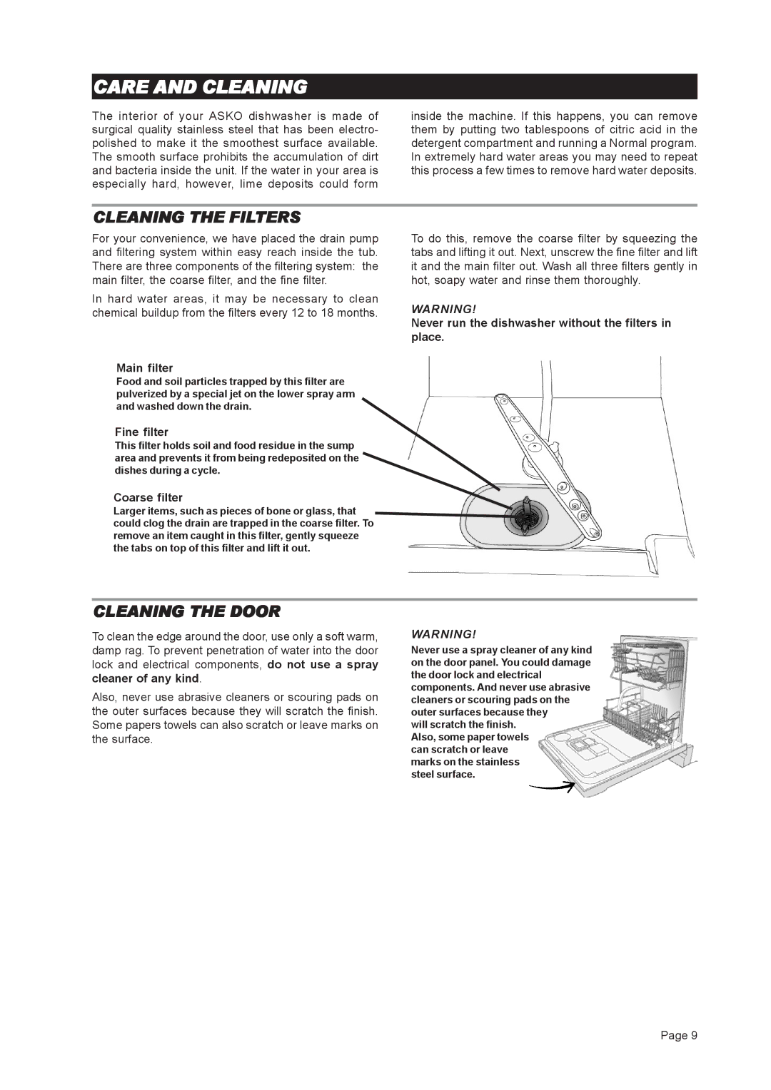 Asko D3451XL important safety instructions Care and Cleaning, Cleaning the Filters, Cleaning the Door 