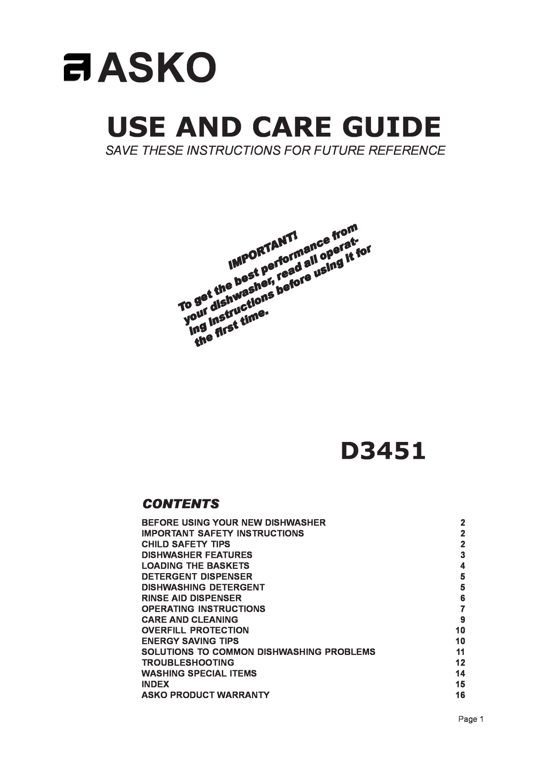 Asko D3451XL important safety instructions Asko, Use And Care Guide, Save These Instructions For Future Reference, mance 