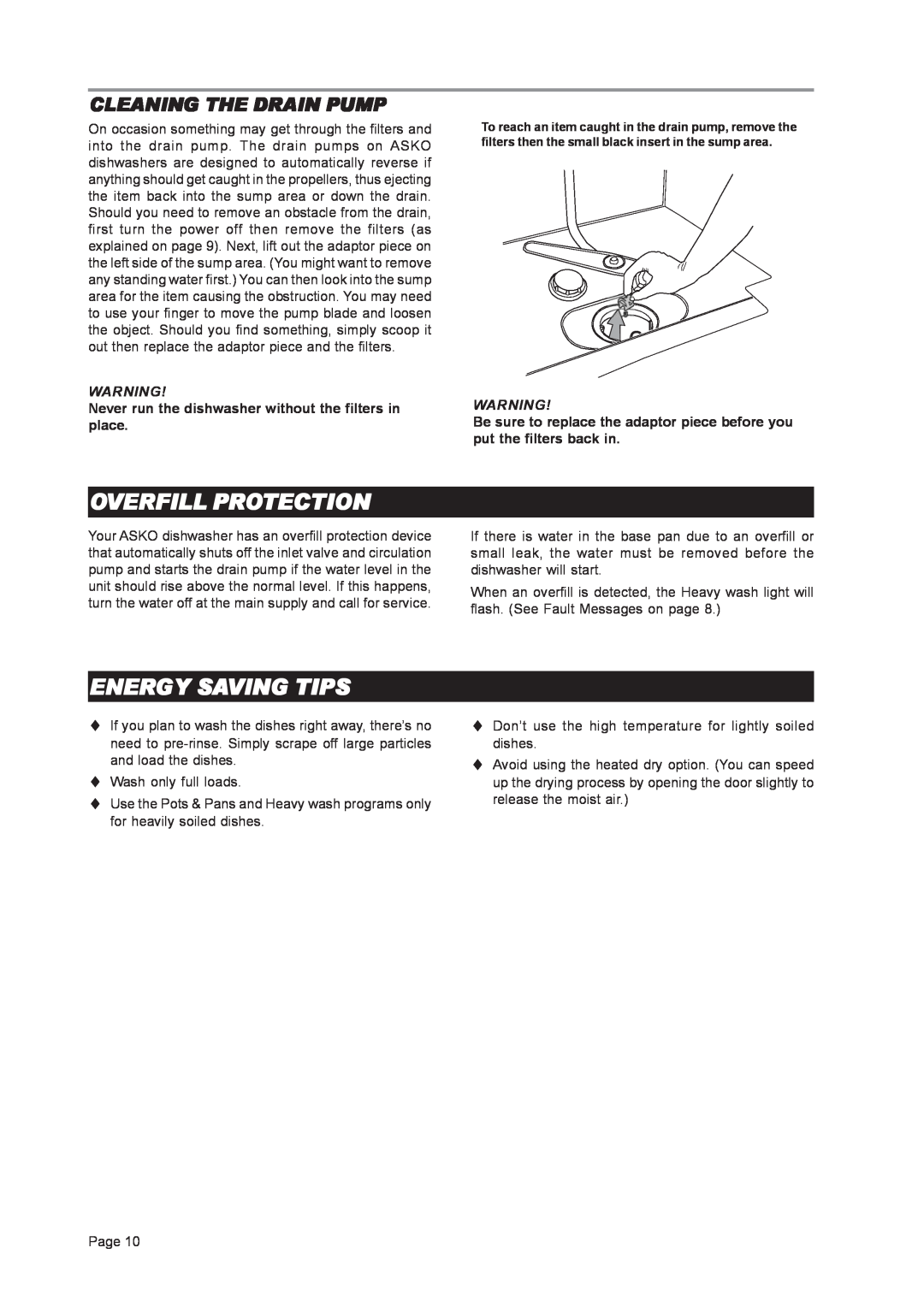 Asko D3451XL important safety instructions Overfill Protection, Energy Saving Tips, Cleaning The Drain Pump 