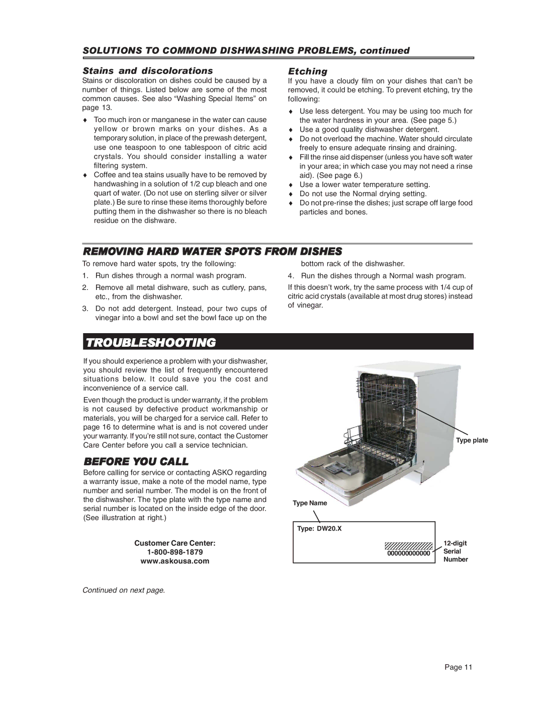 Asko D3731XL Troubleshooting, Removing Hard Water Spots from Dishes, Before YOU Call, Etching, Customer Care Center 