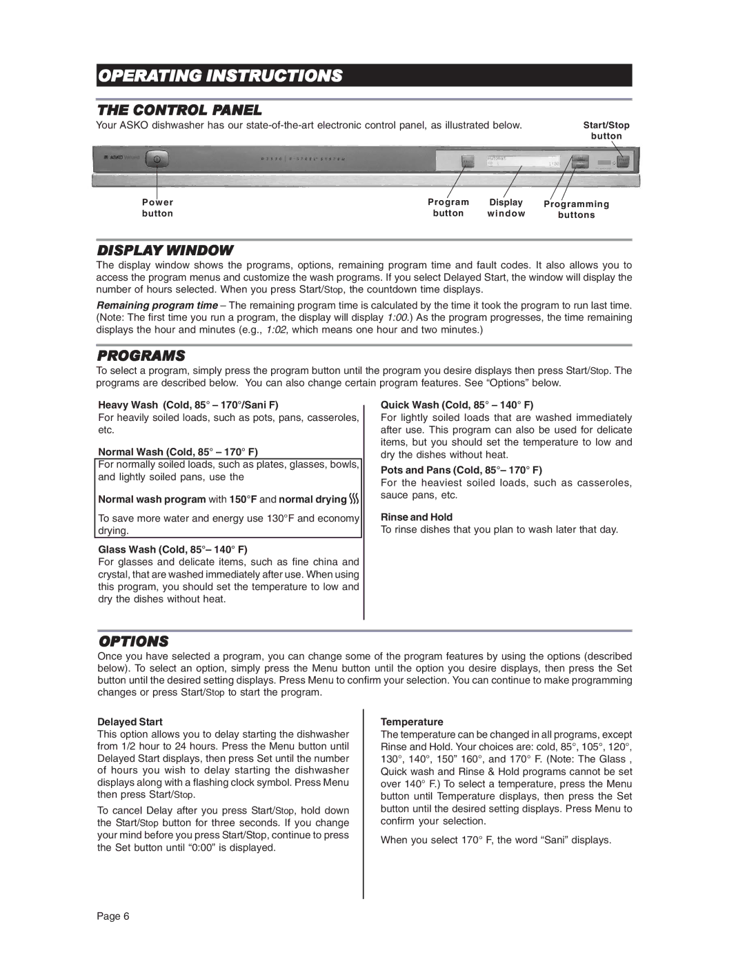 Asko D3731XL important safety instructions Operating Instructions, Control Panel, Display Window, Programs, Options 