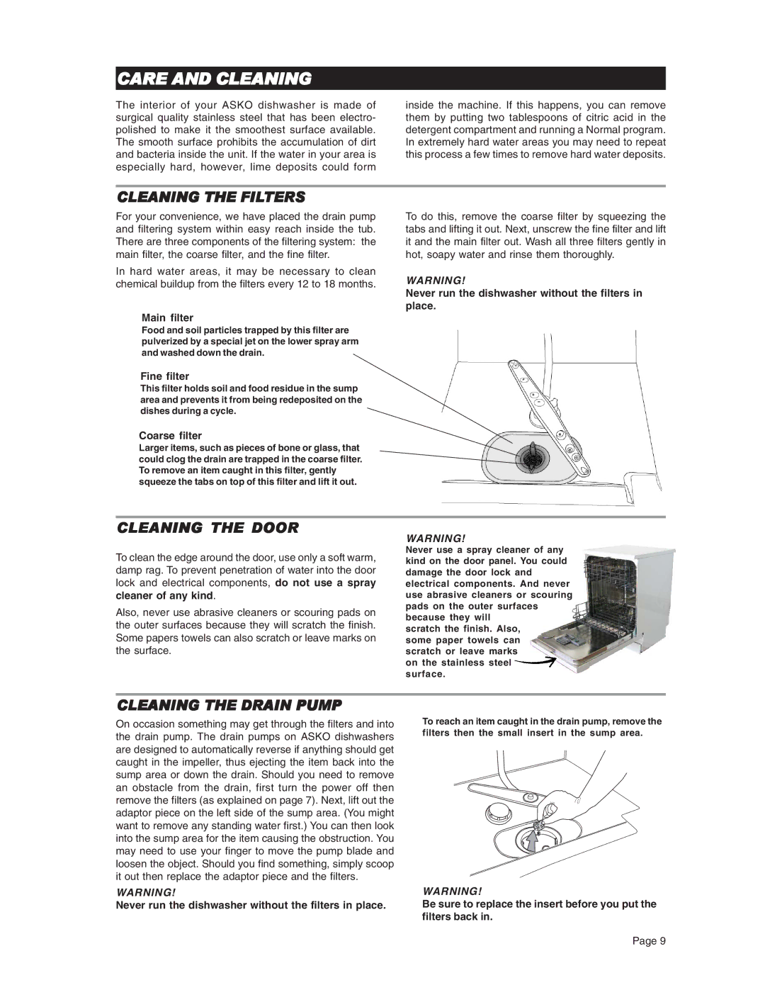 Asko D3731XL Care and Cleaning, Cleaning the Filters, Cleaning the Door, Cleaning the Drain Pump 