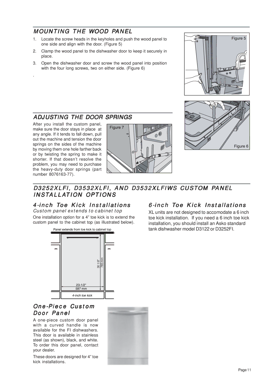 Asko D3mmmXL installation instructions Mounting the Wood Panel, Adjusting the Door Springs 