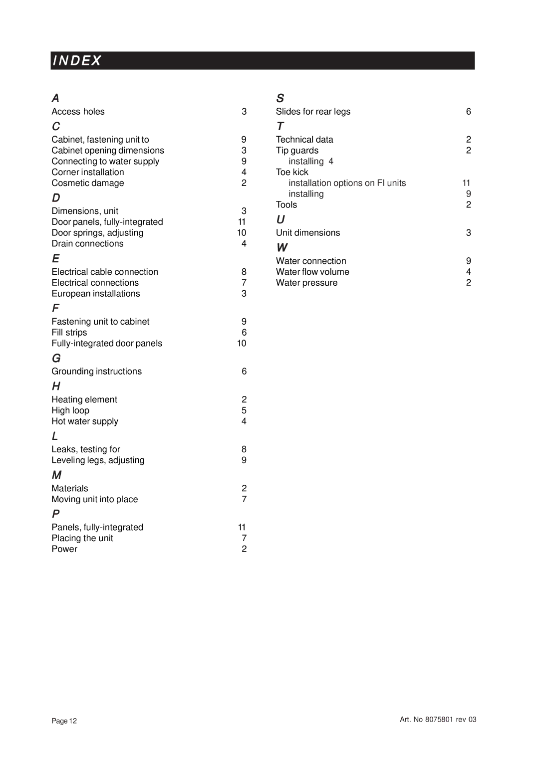 Asko D3mmmXL installation instructions Index, Installation options on FI units Installing 