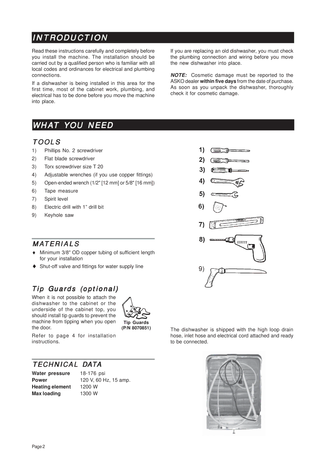 Asko D3mmmXL installation instructions Introduction, What YOU Need, Tools, Materials, Technical Data 