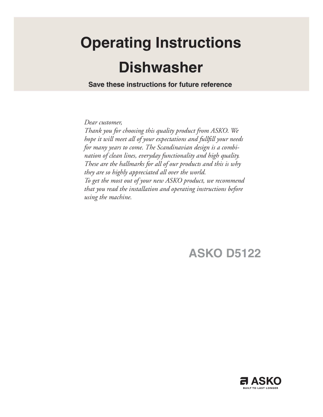 Asko D5122 operating instructions Operating Instructions Dishwasher, Save these instructions for future reference 