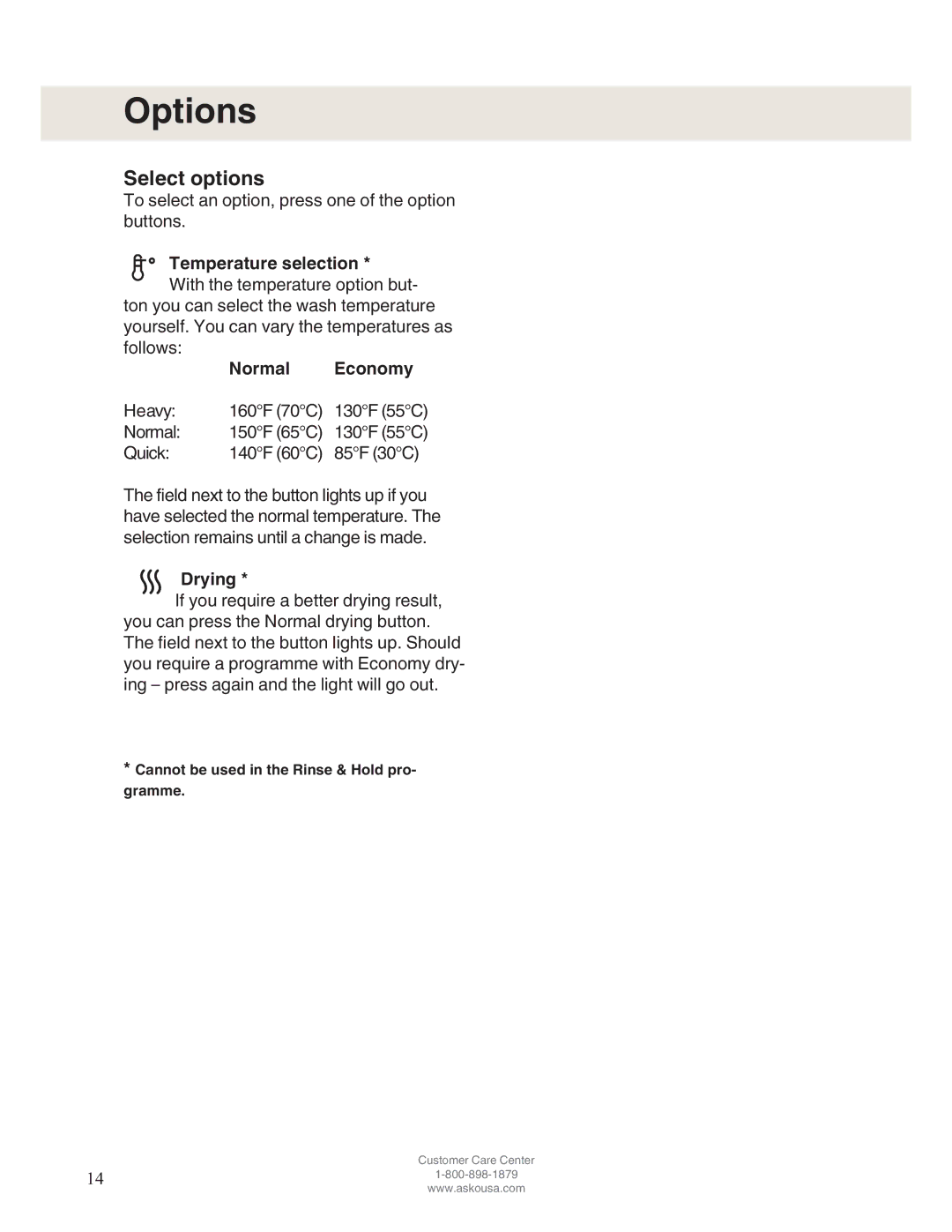 Asko D5122 operating instructions Options, Select options, Temperature selection, Normal Economy 