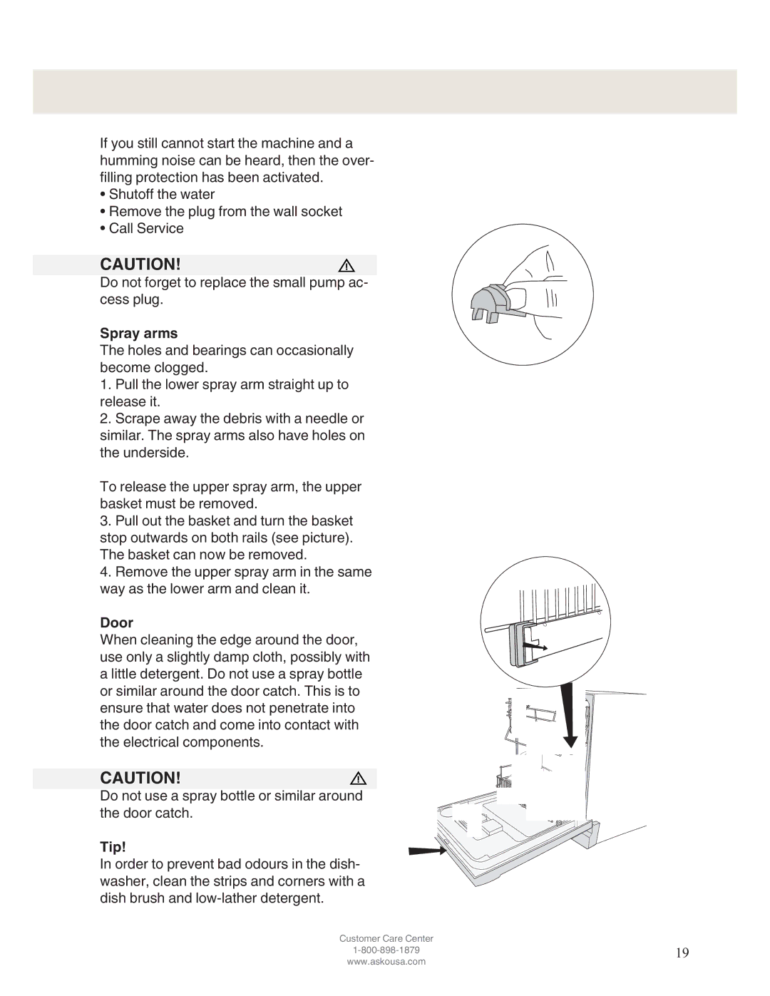 Asko D5122 operating instructions Spray arms, Door, Tip 