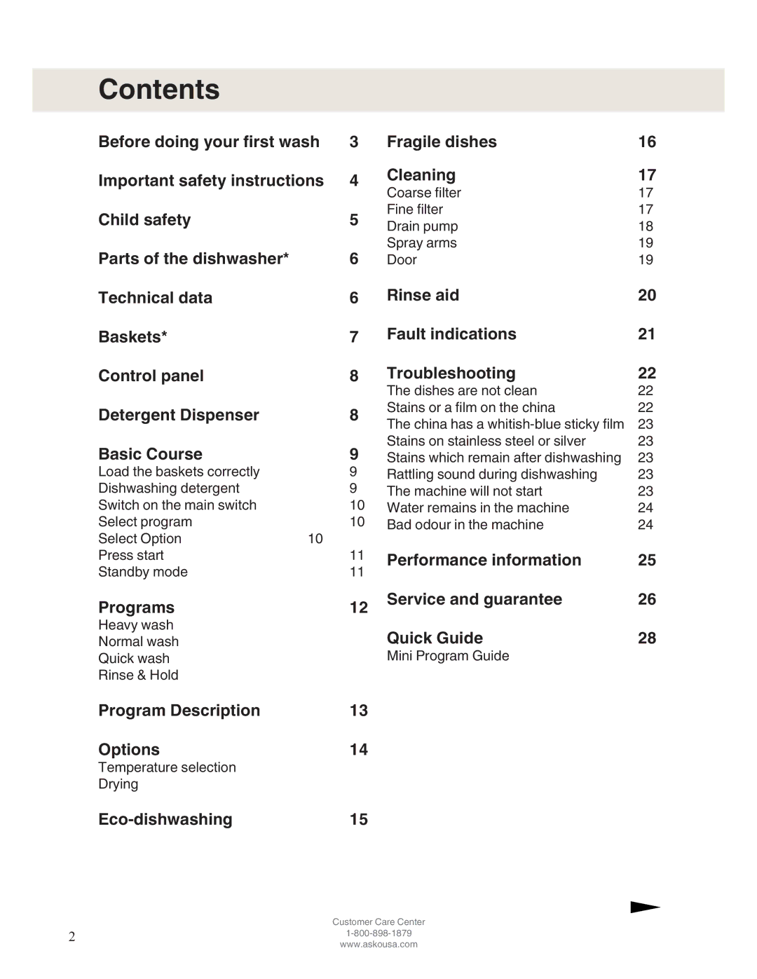 Asko D5122 operating instructions Contents 