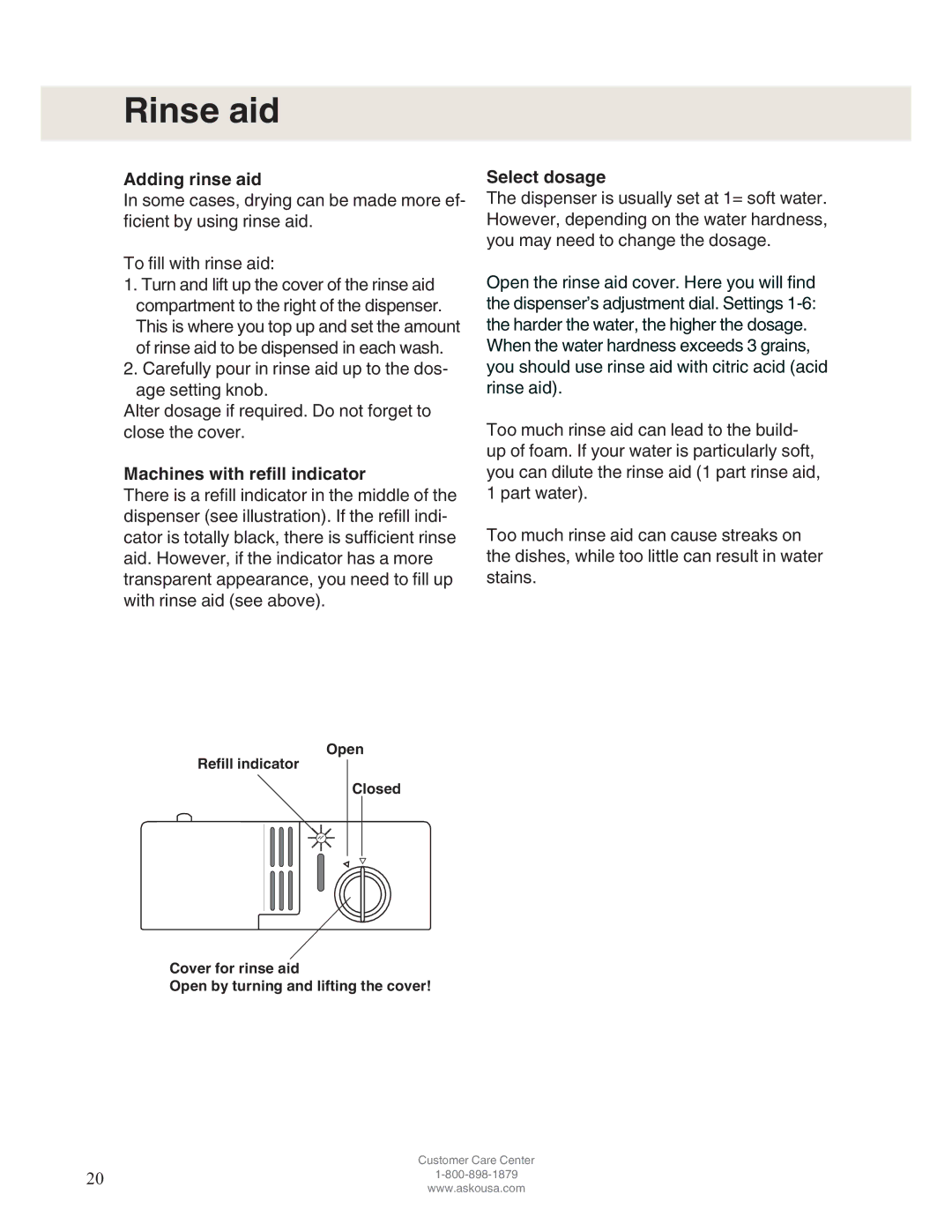 Asko D5122 operating instructions Rinse aid, Adding rinse aid, Machines with refill indicator, Select dosage 