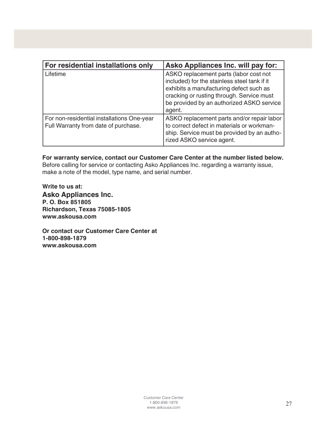 Asko D5122 operating instructions Asko Appliances Inc, Write to us at, Box Richardson, Texas 