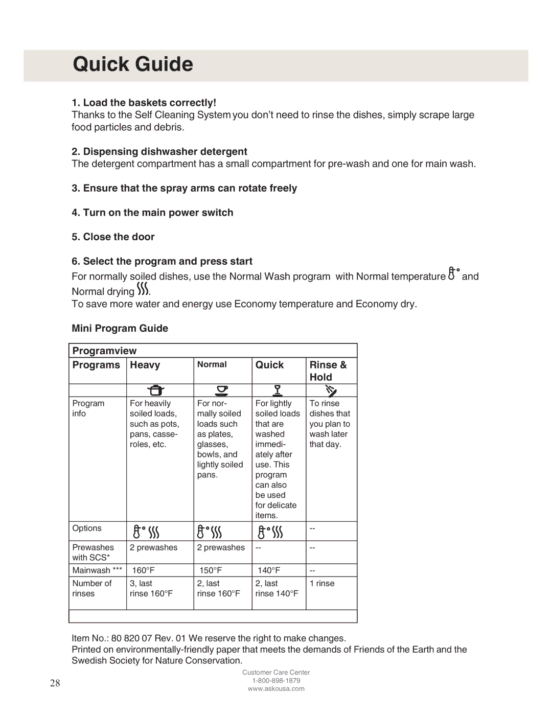 Asko D5122 operating instructions Quick Guide, Load the baskets correctly, Dispensing dishwasher detergent 