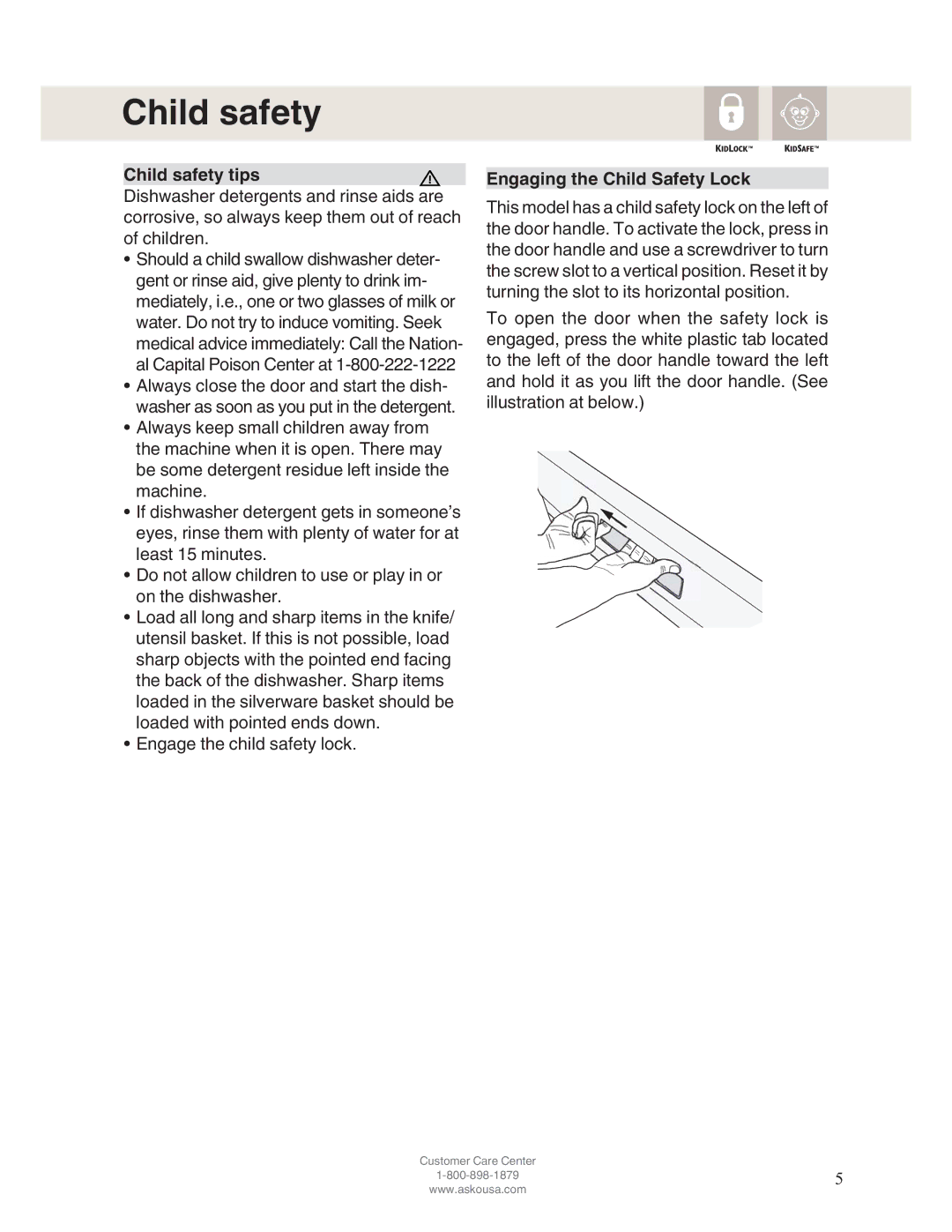 Asko D5122 operating instructions Child safety, Engaging the Child Safety Lock 