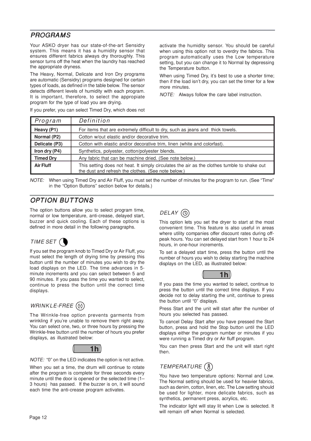 Asko T741C important safety instructions Programs, Option Buttons 