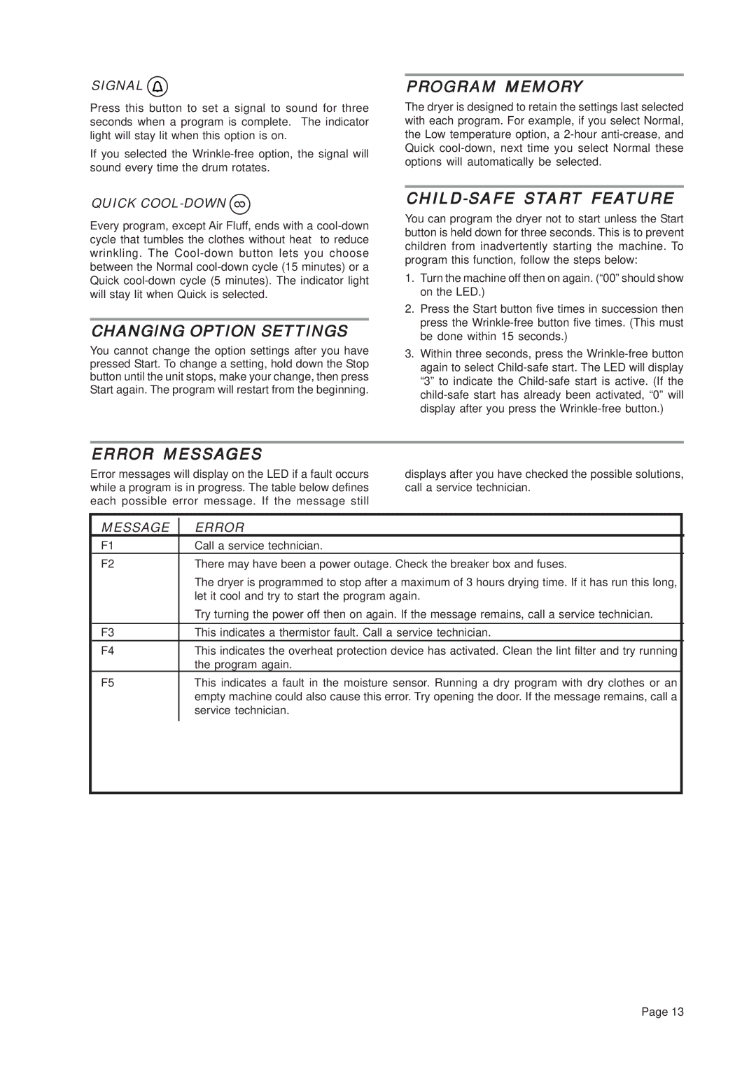 Asko T741C important safety instructions Program Memory, Changing Option Settings, Error Messages 