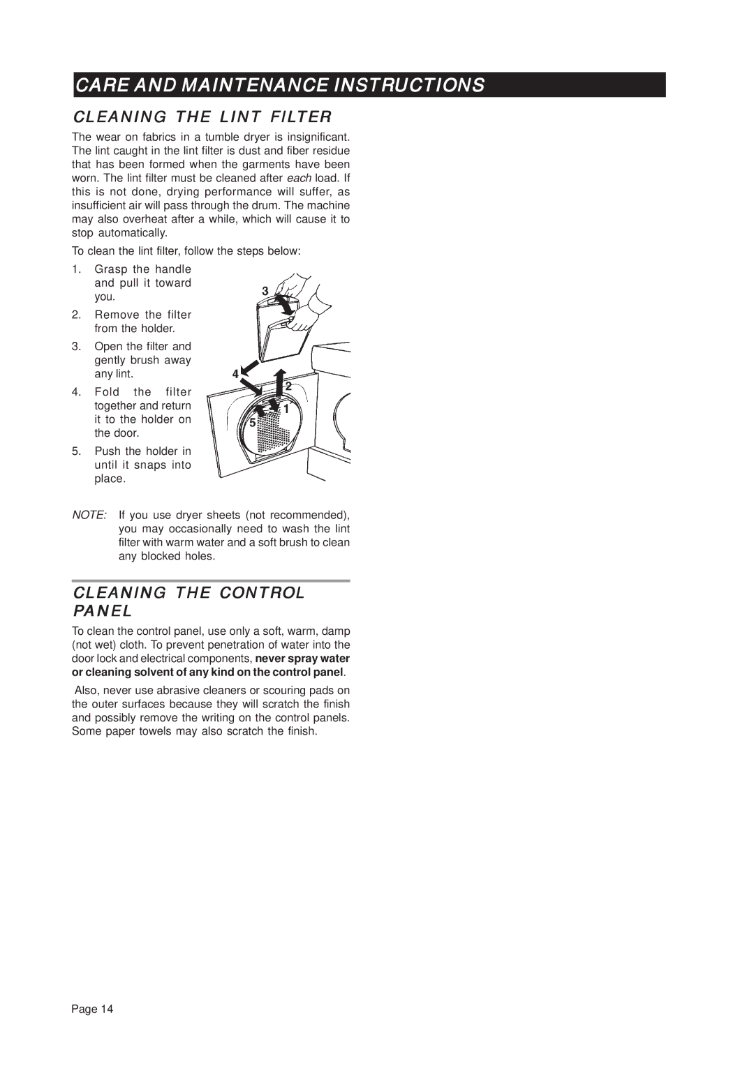 Asko T741C Care and Maintenance Instructions, Cleaning the Lint Filter, Cleaning the Control Panel 