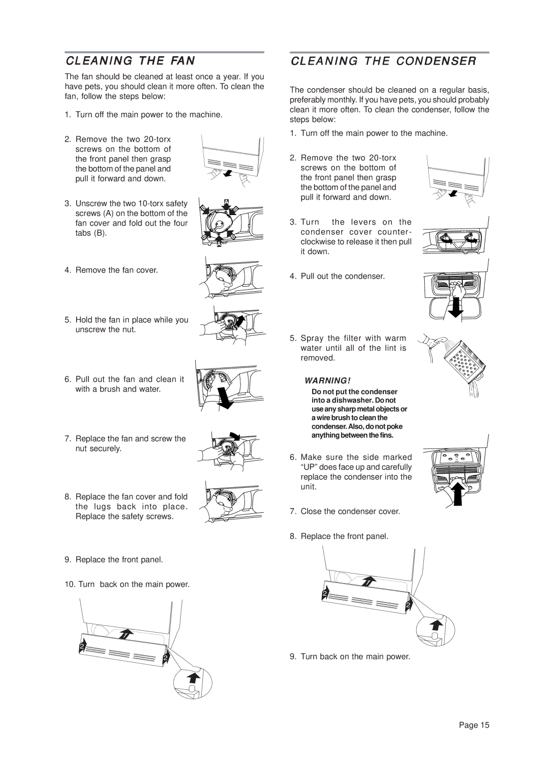 Asko T741C important safety instructions Cleaning the FAN, Cleaning the Condenser 