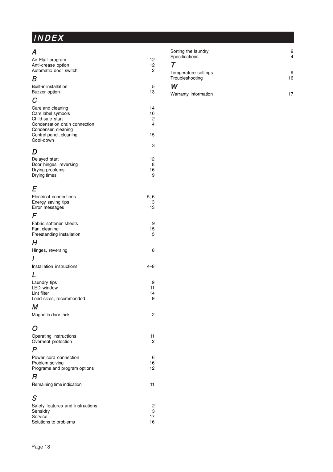 Asko T741C important safety instructions Index 