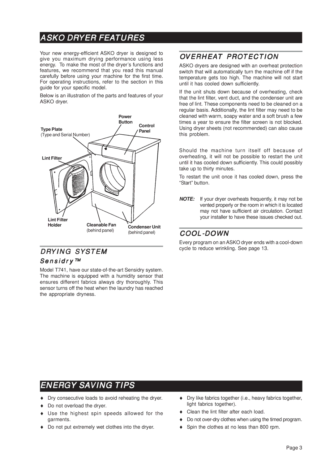 Asko T741C important safety instructions Asko Dryer Features, Energy Saving Tips, Drying System, Cool-Down 