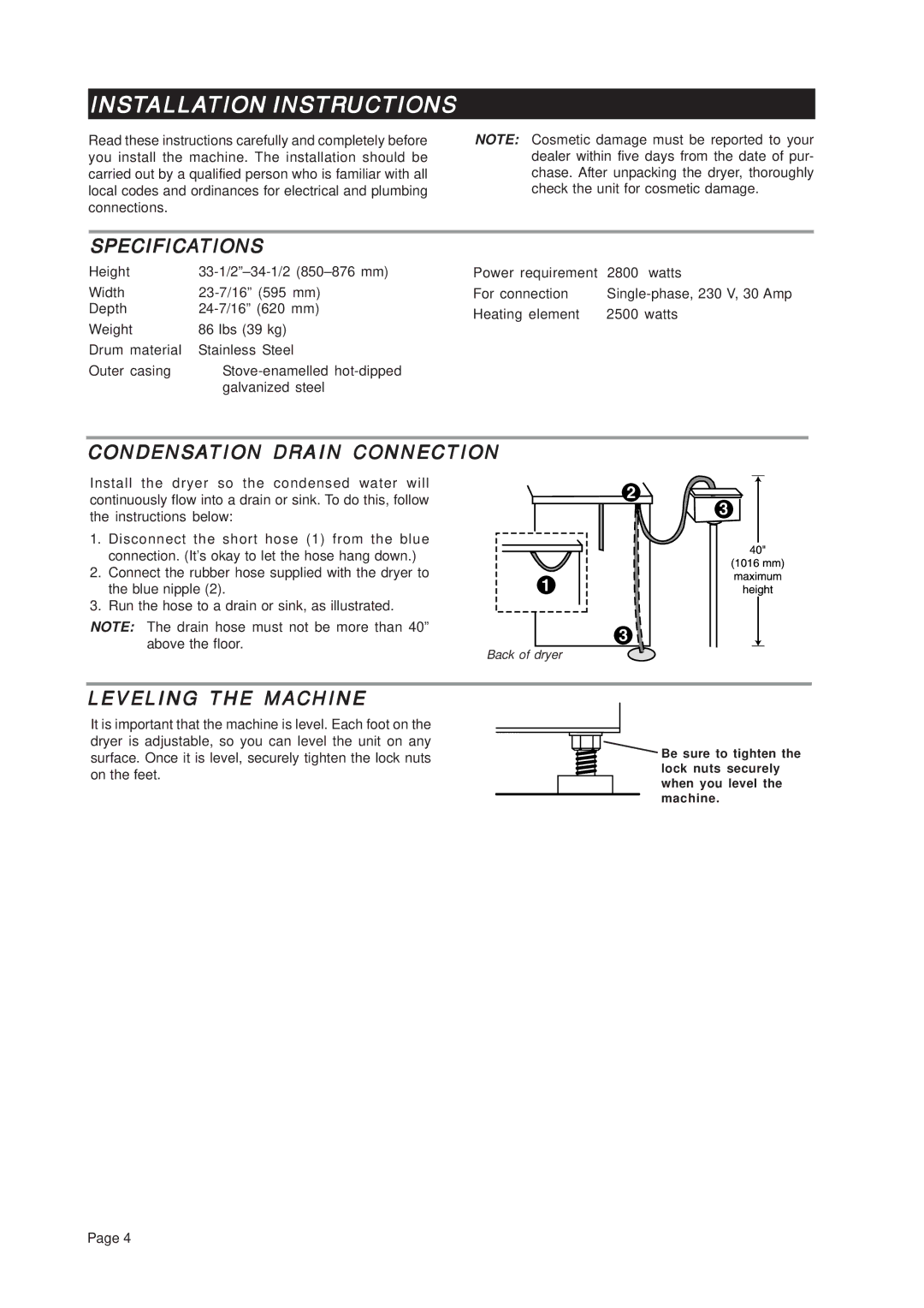 Asko T741C Installation Instructions, Specifications, Condensation Drain Connection, Leveling the Machine 