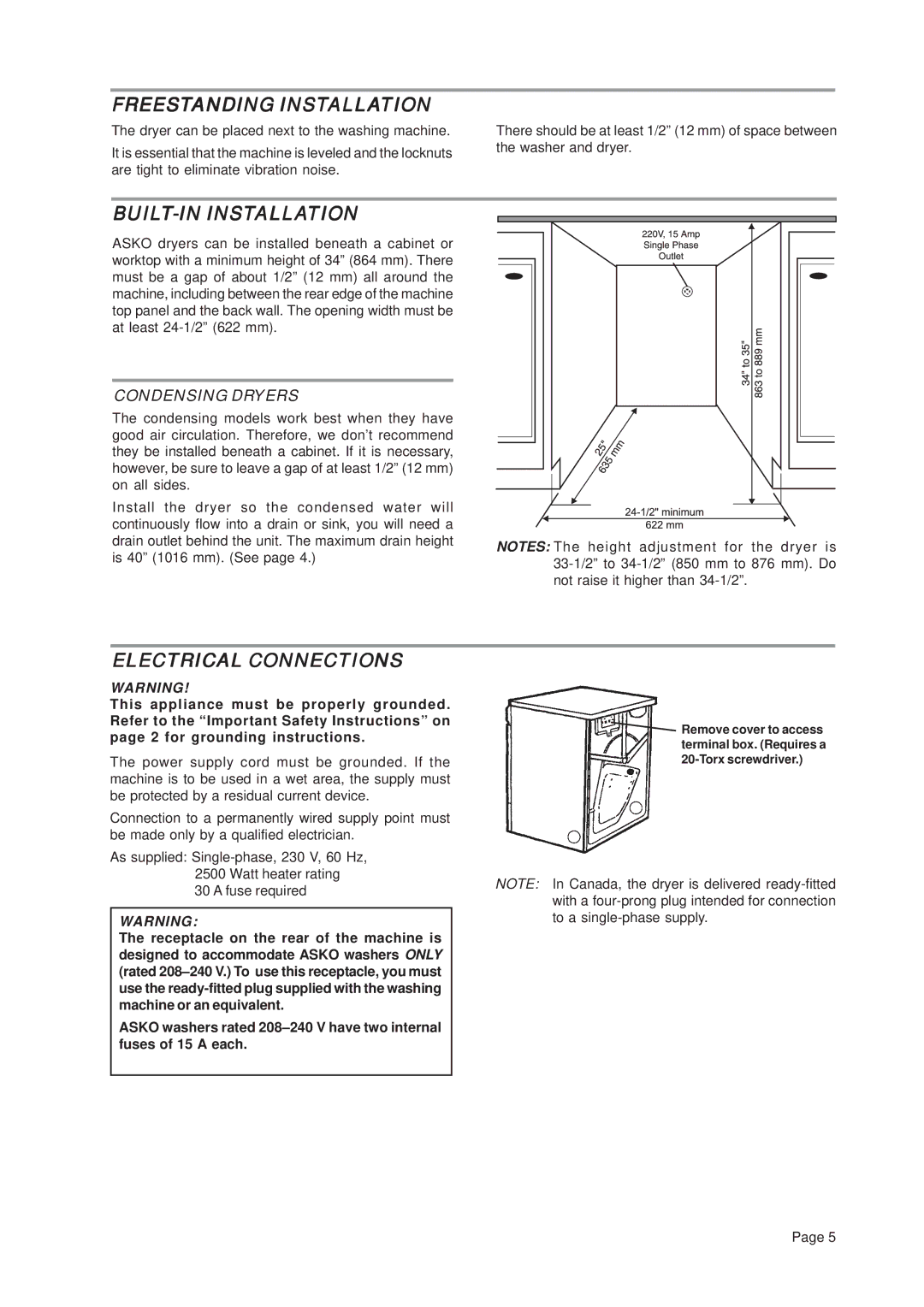 Asko T741C Freestanding Installation, BUILT-IN Installation, Electrical Connections, Condensing Dryers 