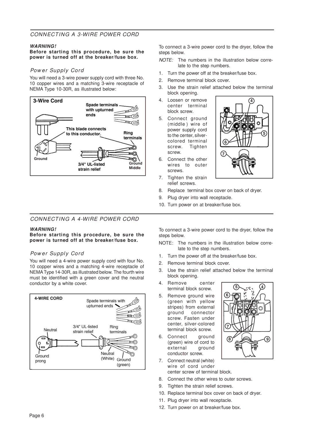 Asko T741C important safety instructions Connecting a 3-WIRE Power Cord, Connecting a 4-WIRE Power Cord 